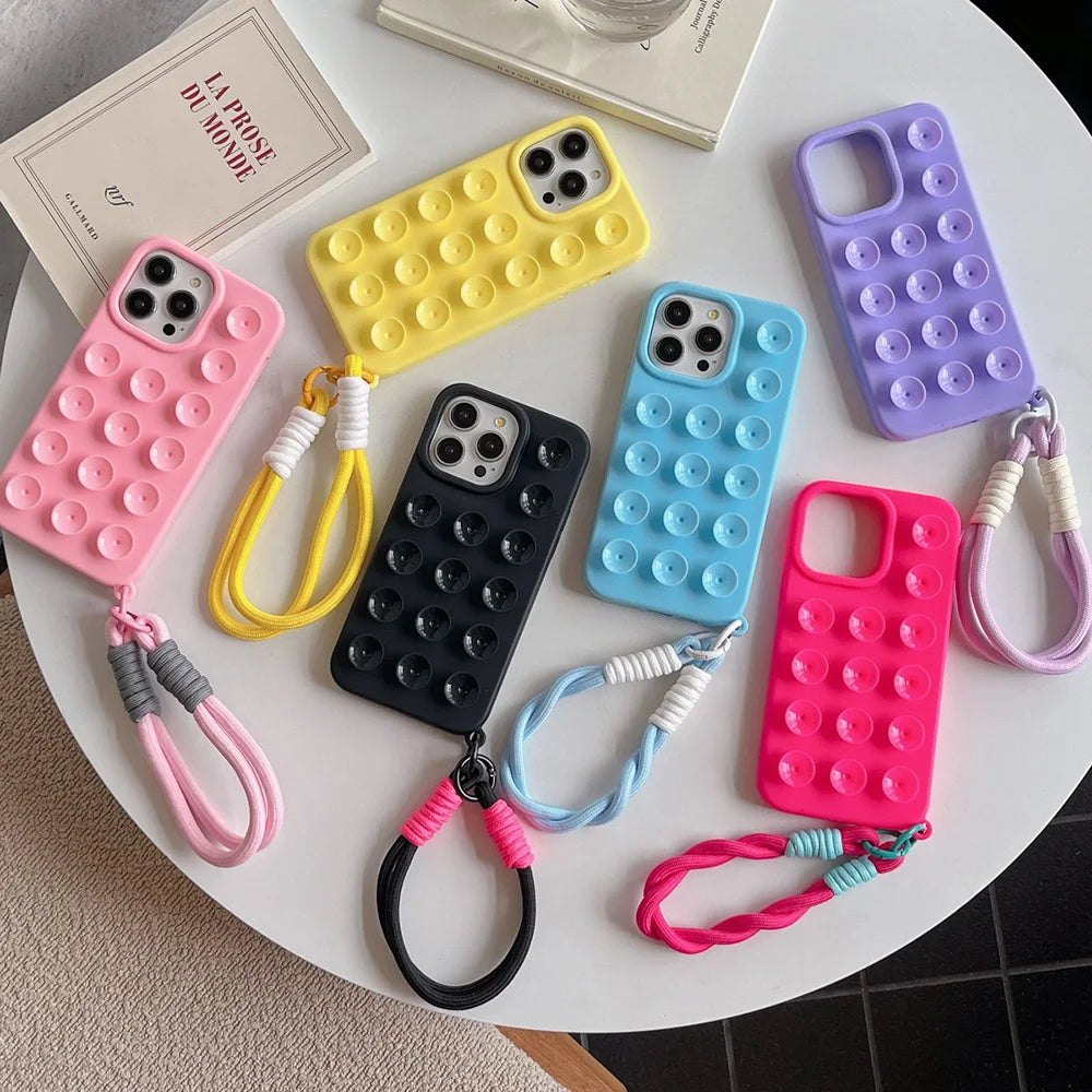 Suction Cup Silicone iPhone Case – Shockproof Candy Color Cover with Optional Lanyard