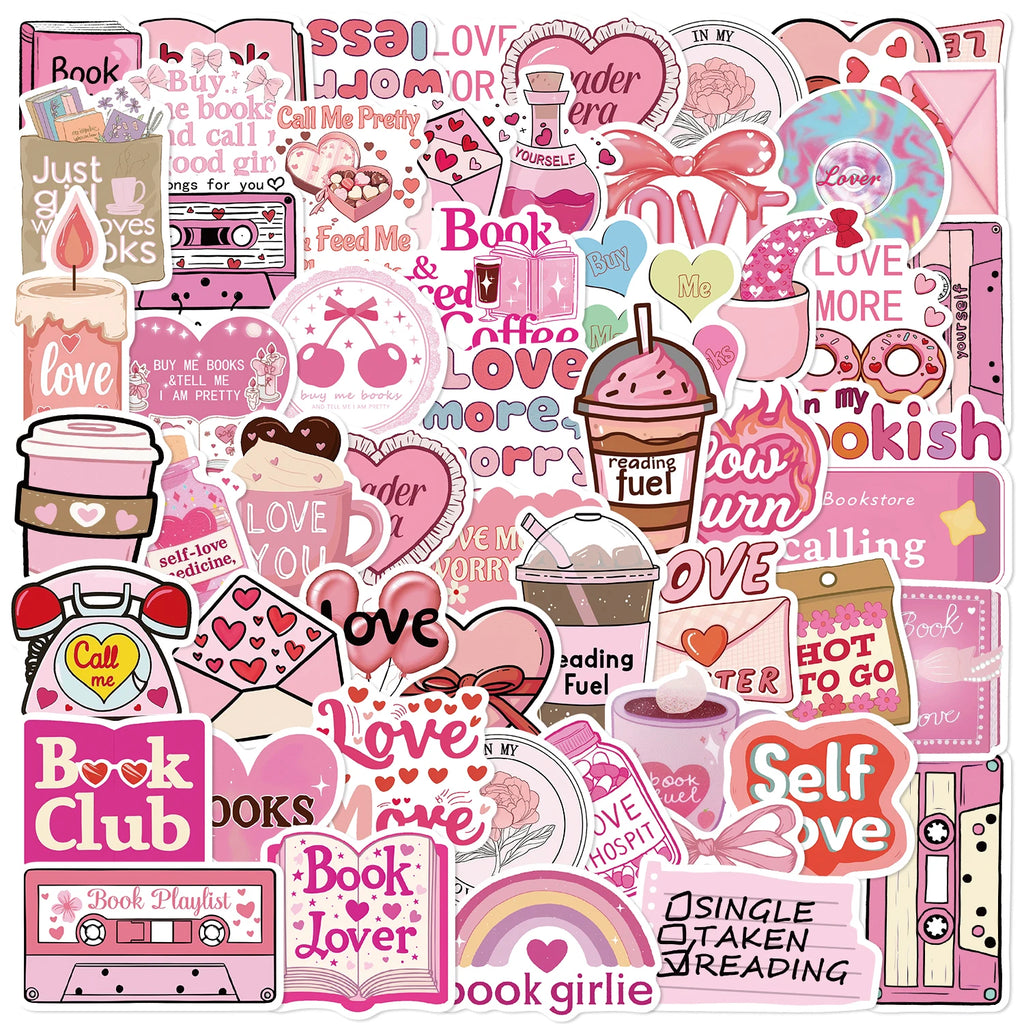 Pink Bookish Sticker Pack – 50pcs Inspirational Decals for Notebooks & Water Bottles