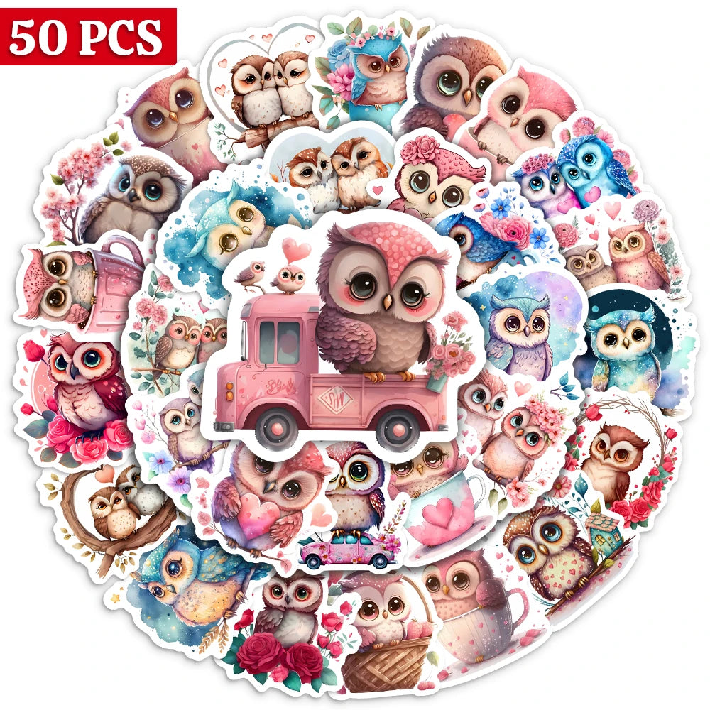 Kawaii Aesthetic Owl Sticker Pack — Waterproof Cartoon Animal Decals (10 / 25 / 50pcs)