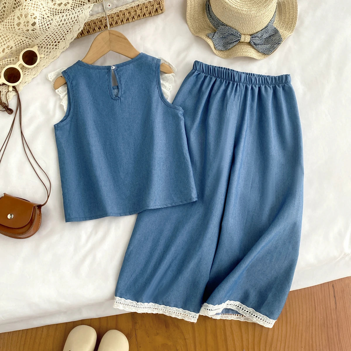 Girls' Cowboy Lace Bow & Wide Leg Pants Set – Summer Fashion 2-Piece