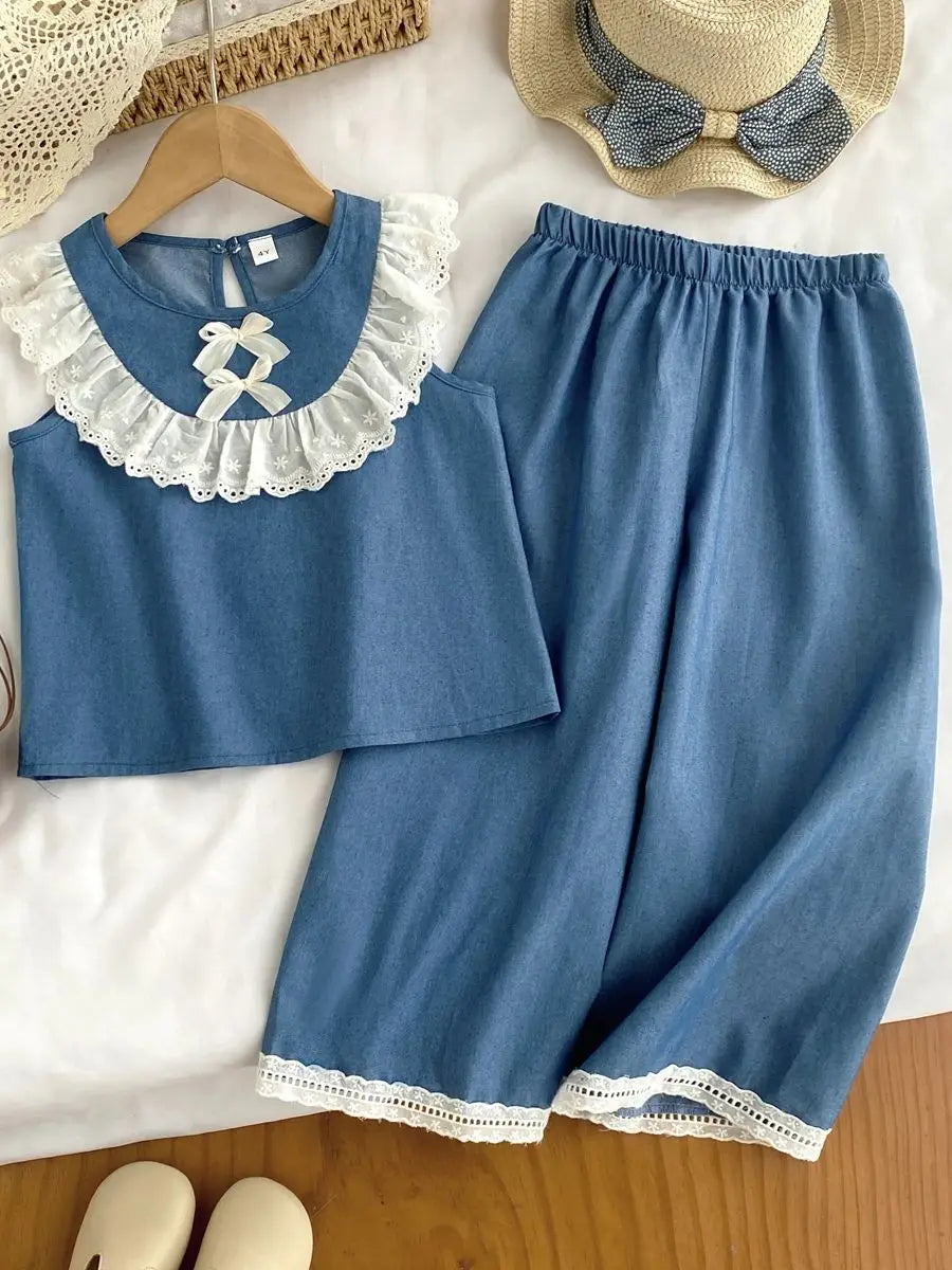 Girls' Cowboy Lace Bow & Wide Leg Pants Set – Summer Fashion 2-Piece