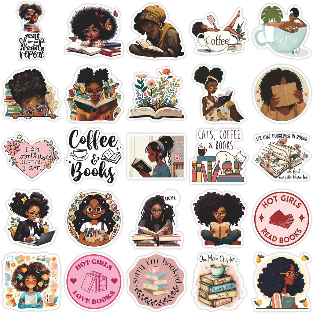 Black Girl Bookish Sticker Pack — 50pcs Book Lover & Vision Board Decals for Kindle
