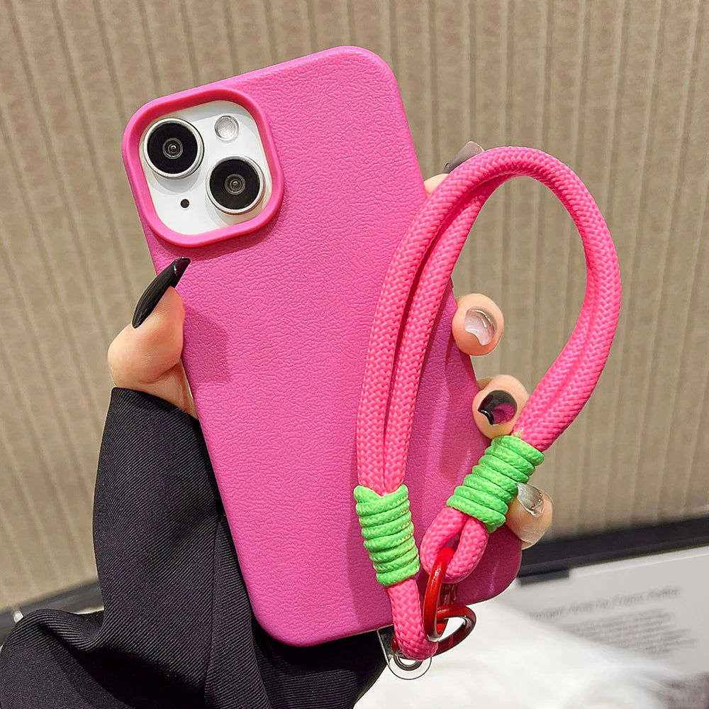 Silicone iPhone Case with Lanyard Strap – Candy Colors, Lichee Pattern, Shockproof Cover for iPhone 11–17