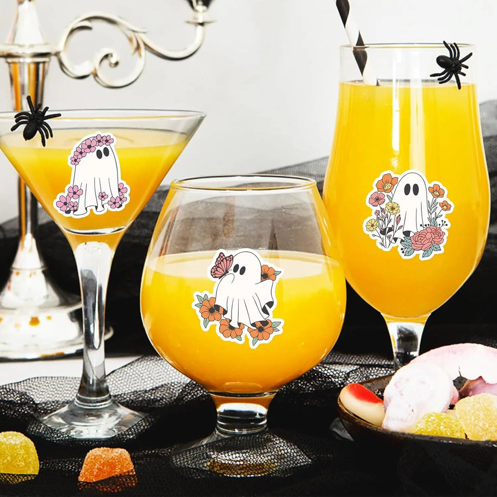 Halloween Sticker Roll (500pcs) — 8 Floral Ghost Designs, Round Sealing Labels