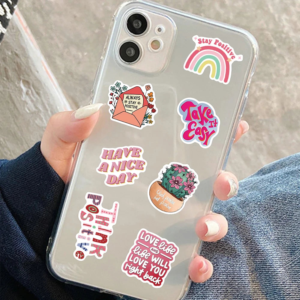 Pink Inspirational Phrases Sticker Pack (50pcs) — Cartoon Motivational Quote Decals for Notebooks, Suitcases & More