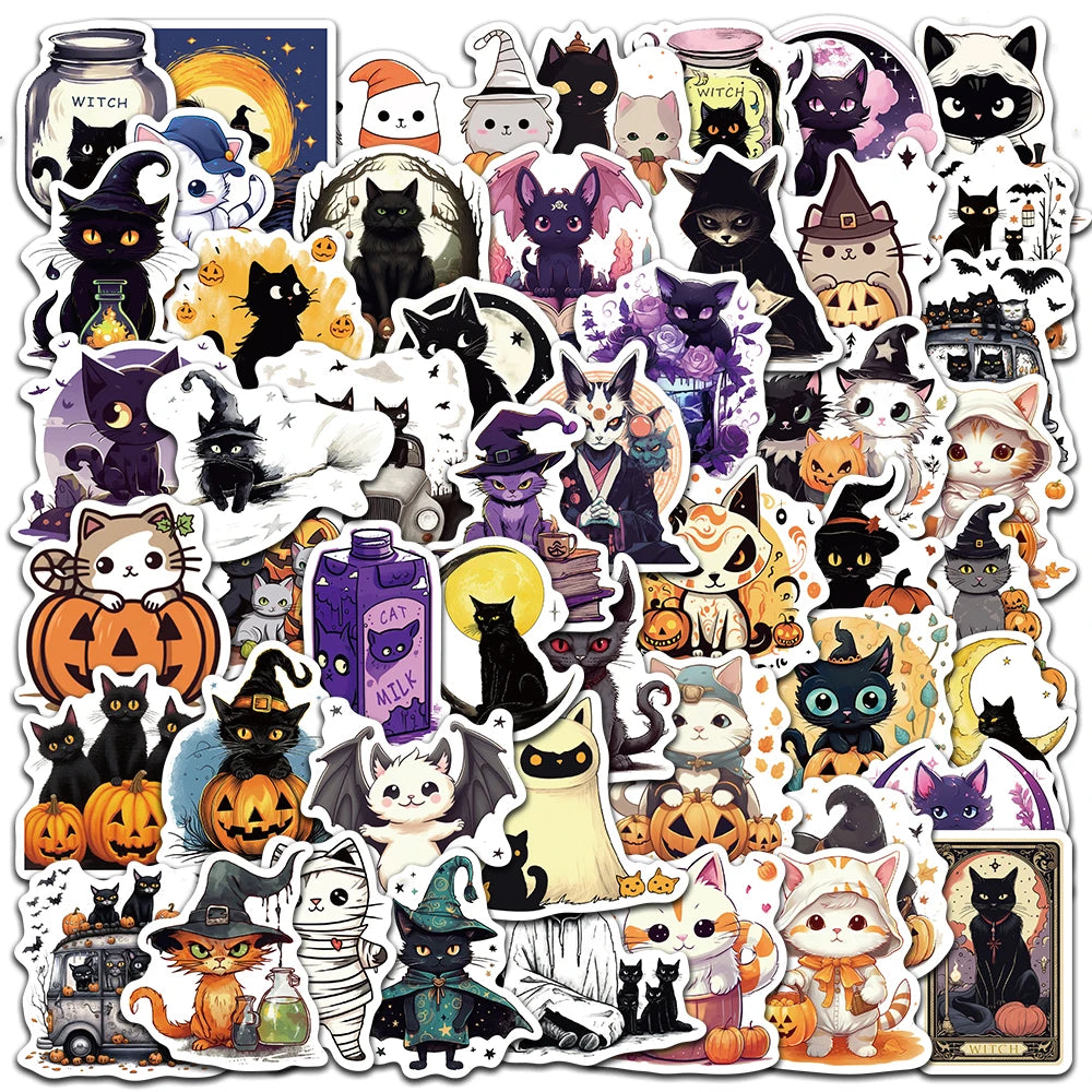 Halloween Cat Stickers Pack (50pcs) — Waterproof Vinyl Decals