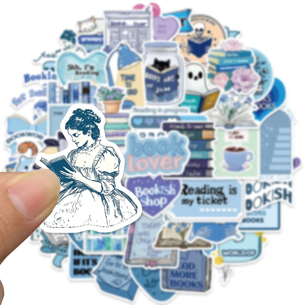 Blue Bookish Sticker Pack – 50pcs Literary Decals for Notebooks, Phone Cases & Desk Decor