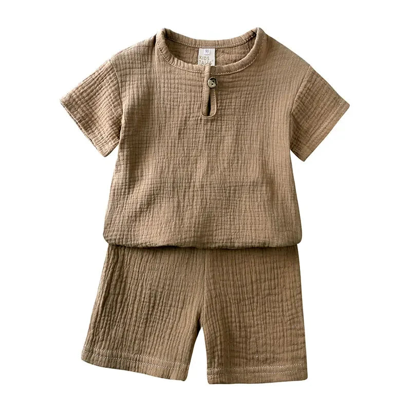 Kids Cotton Linen Outfit Set – Short Sleeve Top & Shorts, Ages 2–7