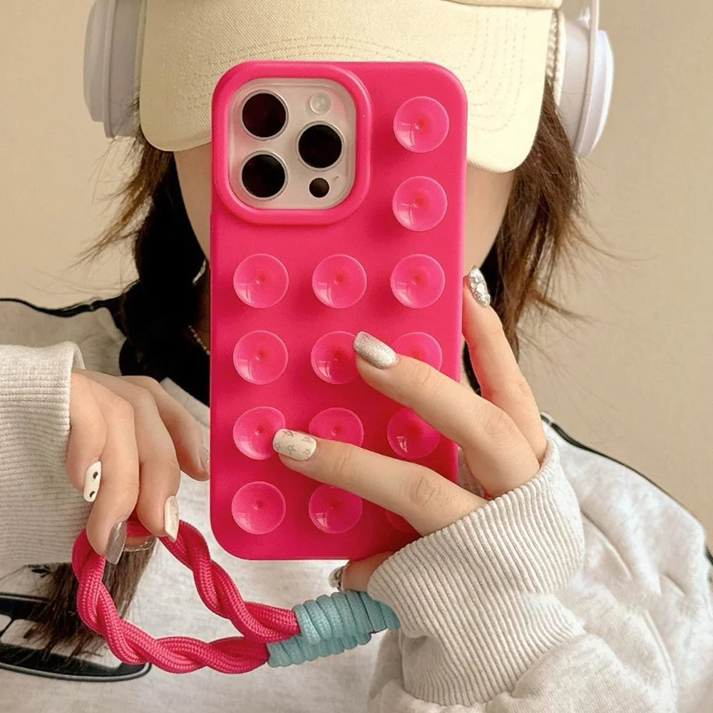 Suction Cup Silicone iPhone Case – Shockproof Candy Color Cover with Optional Lanyard