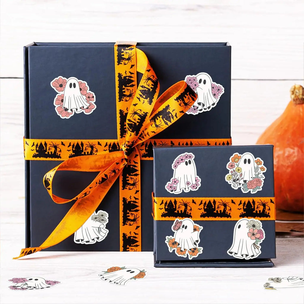 Halloween Sticker Roll (500pcs) — 8 Floral Ghost Designs, Round Sealing Labels