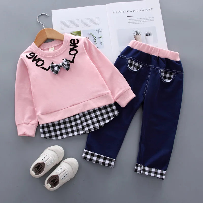 Girls' Bow Plaid Long Sleeve Top & Pants Set – 2-Piece Toddler Outfit
