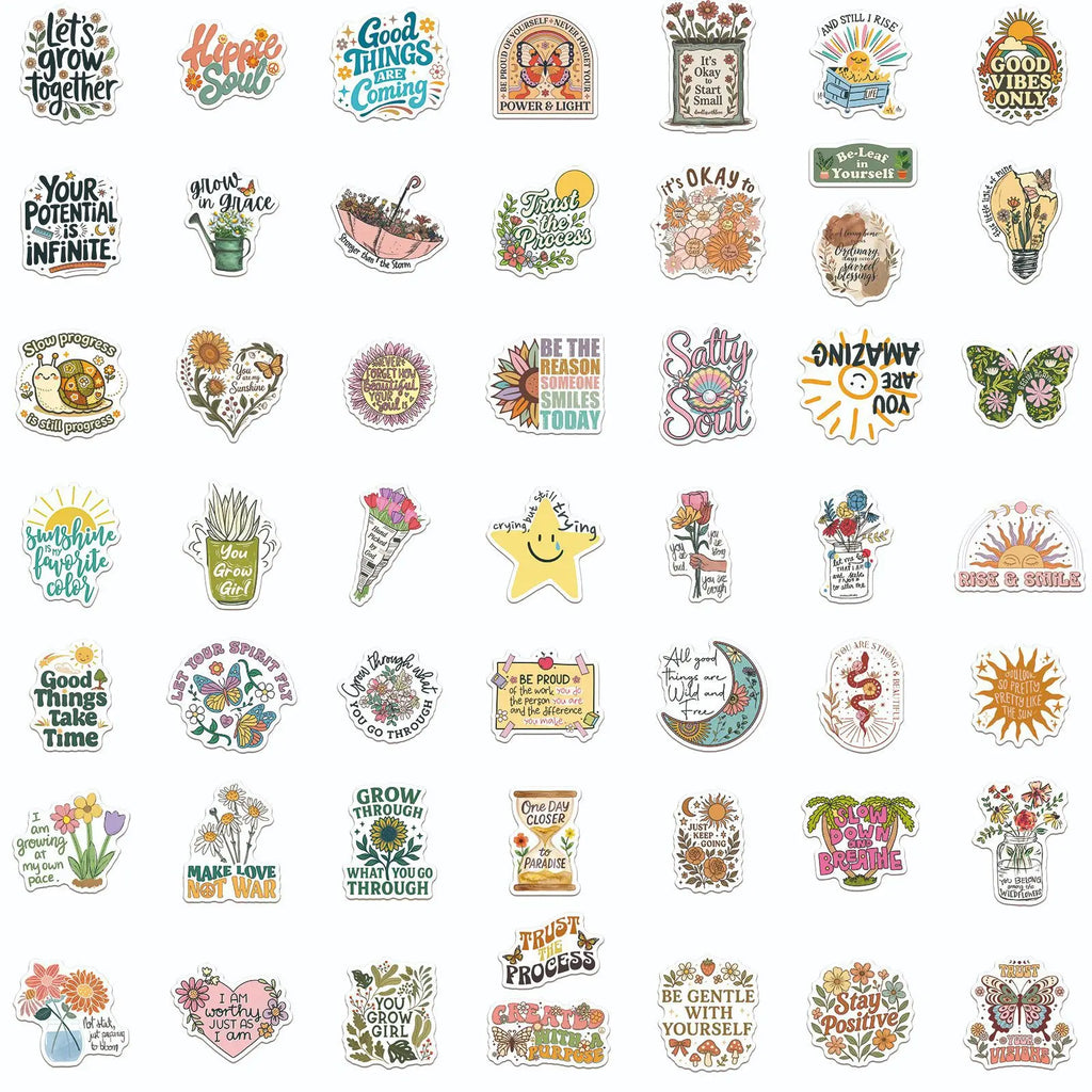 Aesthetic Motivational Quote Sticker Pack (50pcs) — Bohemian Art Decals for Laptops, Journals & More