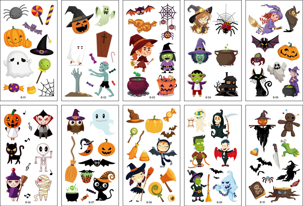 Halloween Temporary Tattoo Sheets (10 Sheets) — Pumpkins & Ghosts for Kids