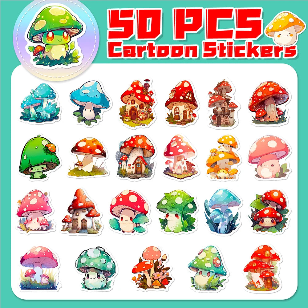 Kawaii Mushroom Sticker Pack — Fantasy Aesthetic Waterproof Decals (10 / 30 / 50pcs)