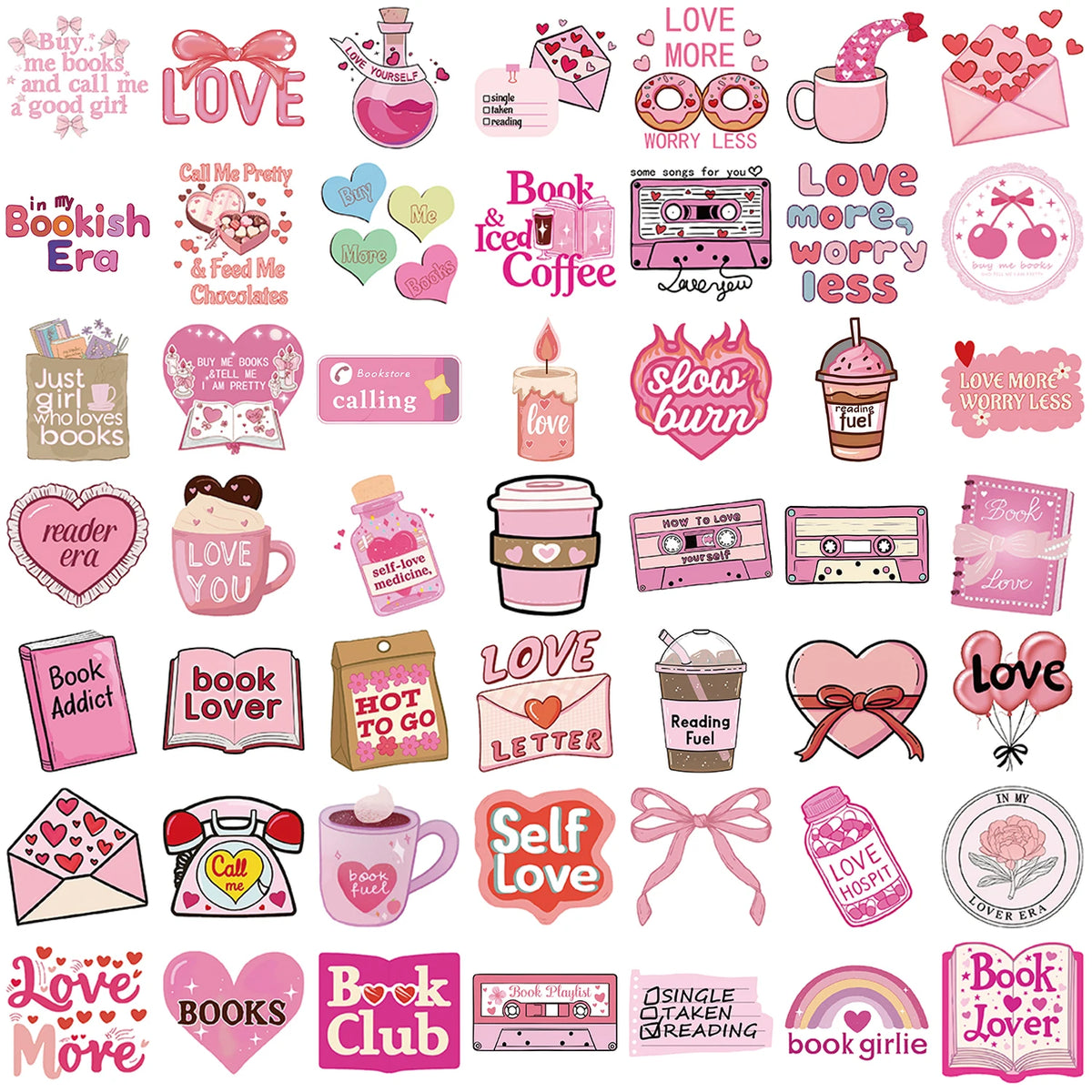 Pink Bookish Sticker Pack – 50pcs Inspirational Decals for Notebooks & Water Bottles