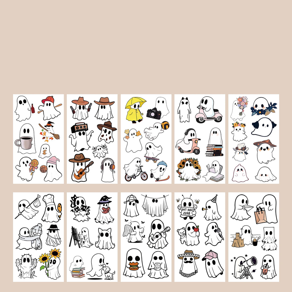 Halloween Ghost Temporary Tattoo Pack (10pcs) — Waterproof Cartoon Decals for Kids
