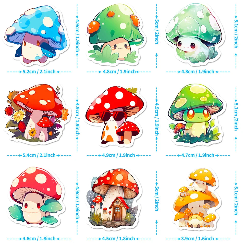 Kawaii Mushroom Sticker Pack — Fantasy Aesthetic Waterproof Decals (10 / 30 / 50pcs)