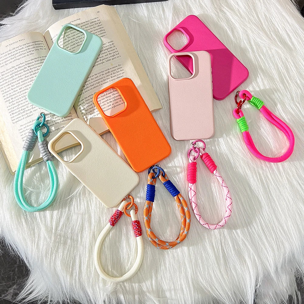 Silicone iPhone Case with Lanyard Strap – Candy Colors, Lichee Pattern, Shockproof Cover for iPhone 11–17