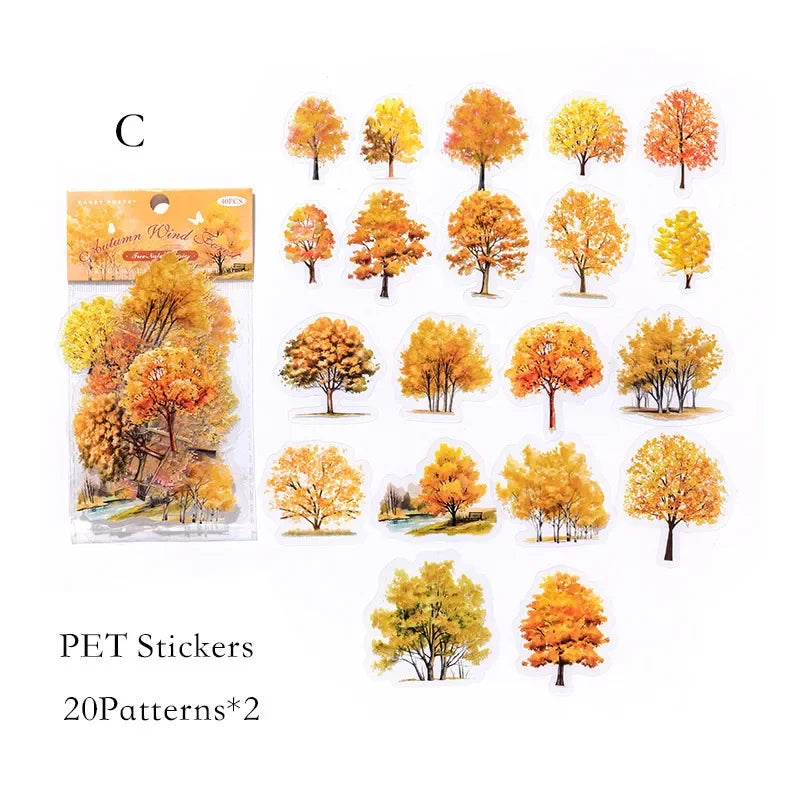 Nature Colorful Tree Sticker Pack (40pcs) — PET Decals for Scrapbooking, Journals & Collage