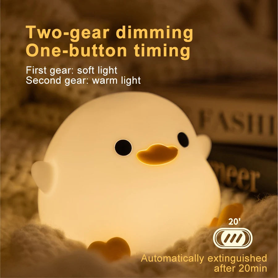 Cute Duck LED Night Light for Kids – Touch Dimming, USB Rechargeable Silicone Cartoon Lamp
