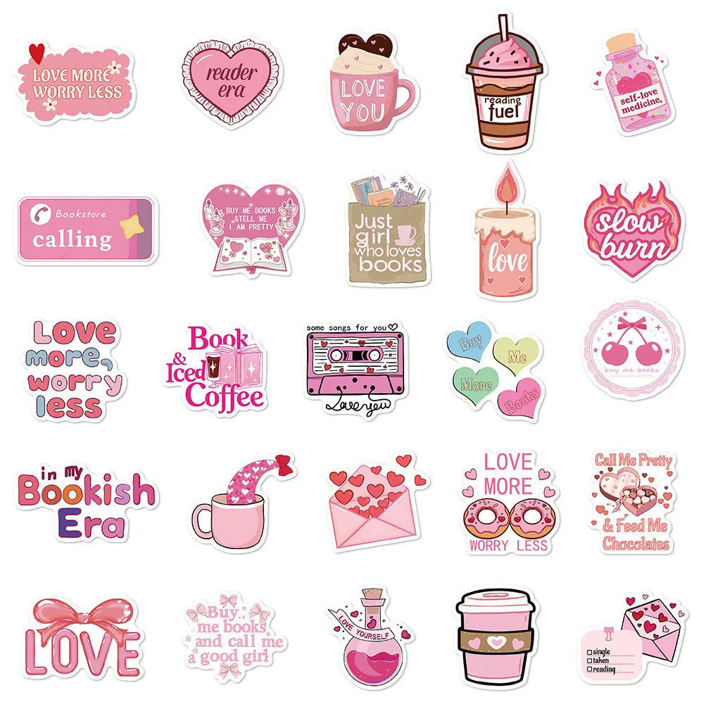 Pink Bookish Lover Sticker Pack – 50pcs Vinyl Decals for Notebooks & Luggage