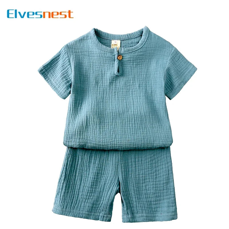 Kids Cotton Linen Outfit Set – Short Sleeve Top & Shorts, Ages 2–7