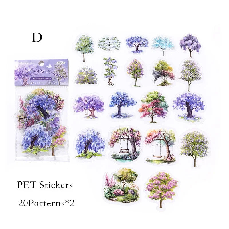 Nature Colorful Tree Sticker Pack (40pcs) — PET Decals for Scrapbooking, Journals & Collage