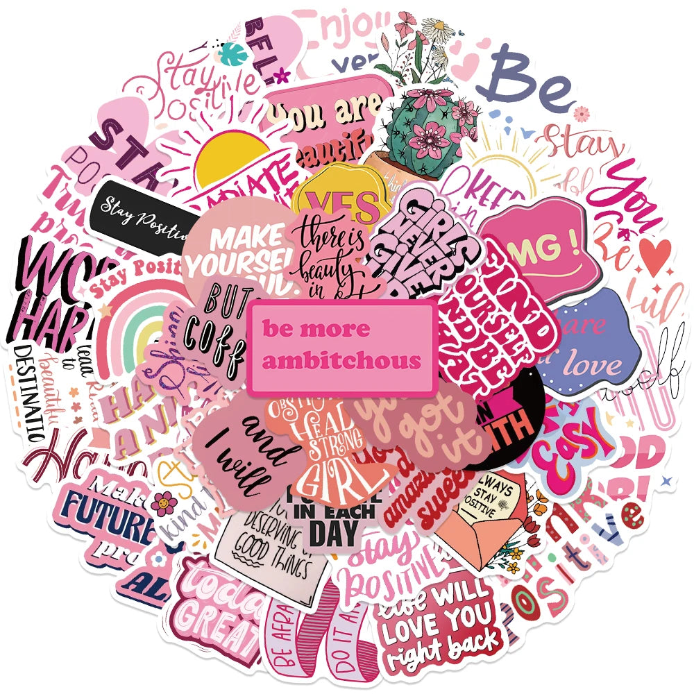 Pink Inspirational Phrases Sticker Pack (50pcs) — Cartoon Motivational Quote Decals for Notebooks, Suitcases & More