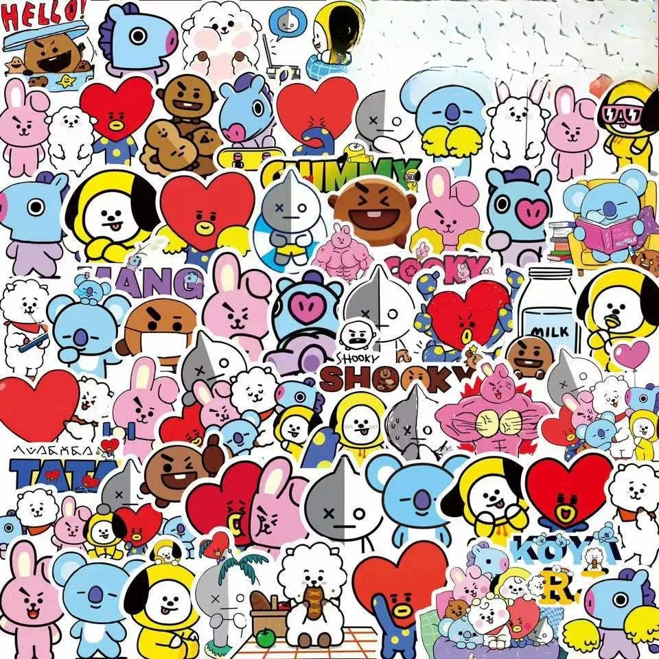 Kawaii BT21 Sticker Pack — Waterproof COOKY, KOYA & TATA Anime Decals for Laptops, Suitcases & More (50/82pcs)