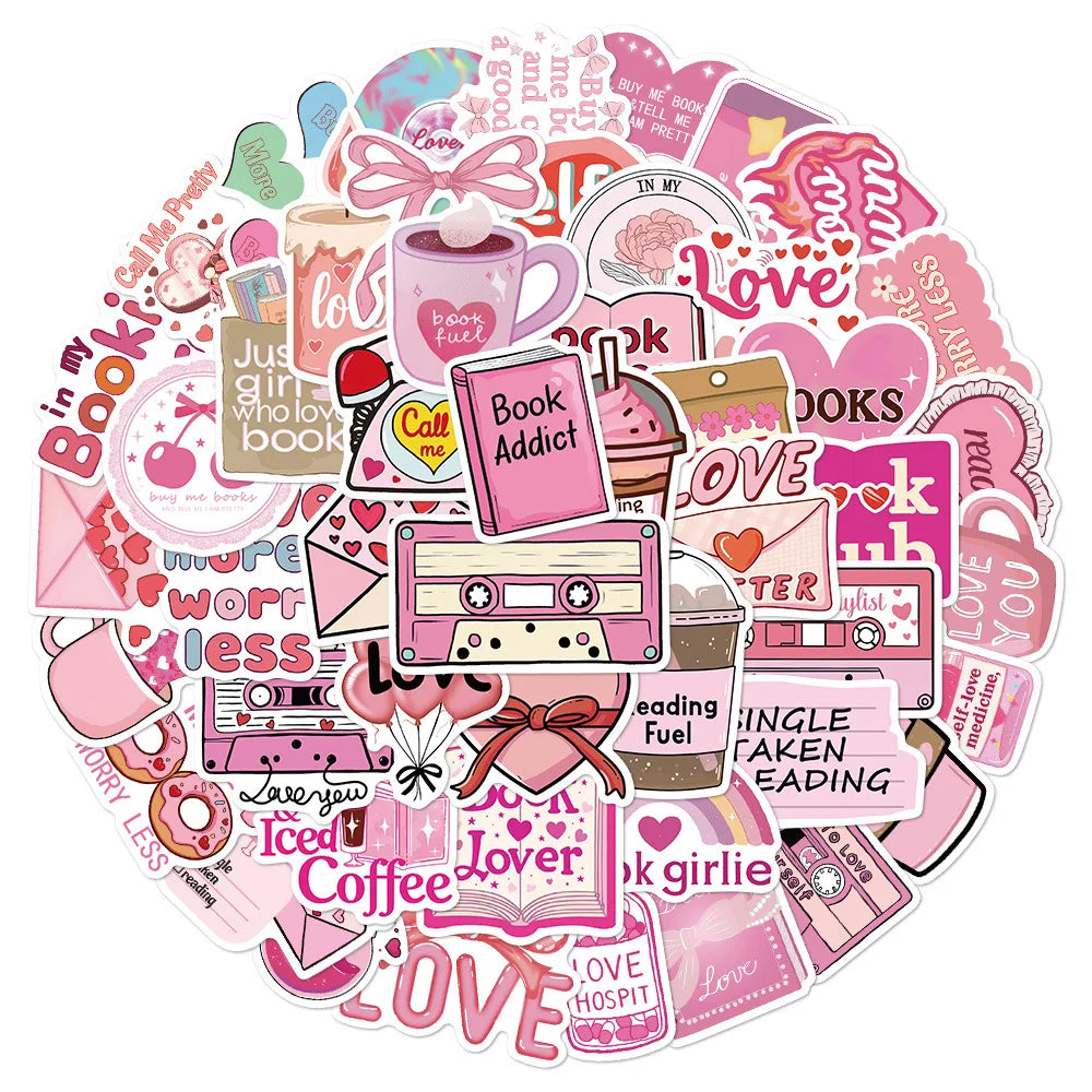 Pink Bookish Lover Sticker Pack – 50pcs Vinyl Decals for Notebooks & Luggage