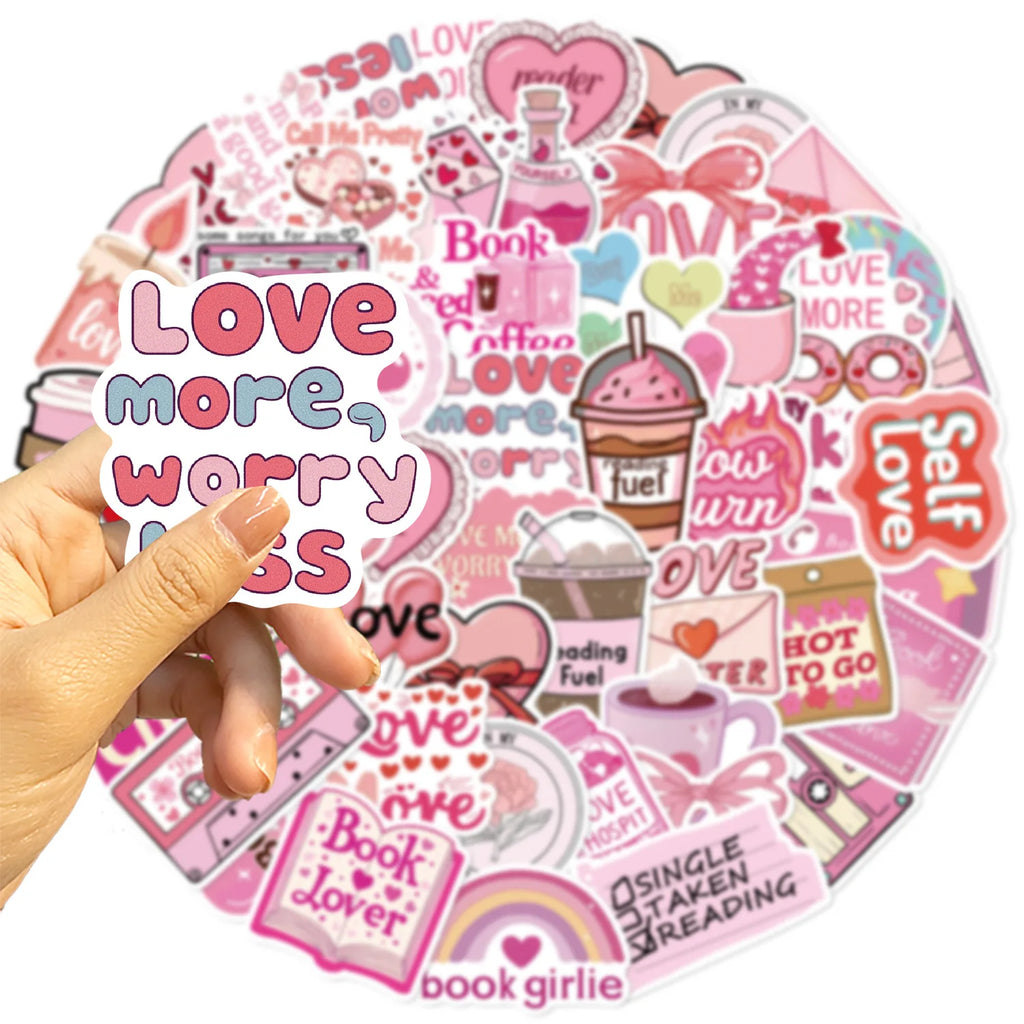 Pink Bookish Lover Sticker Pack – 50pcs Vinyl Decals for Notebooks & Luggage