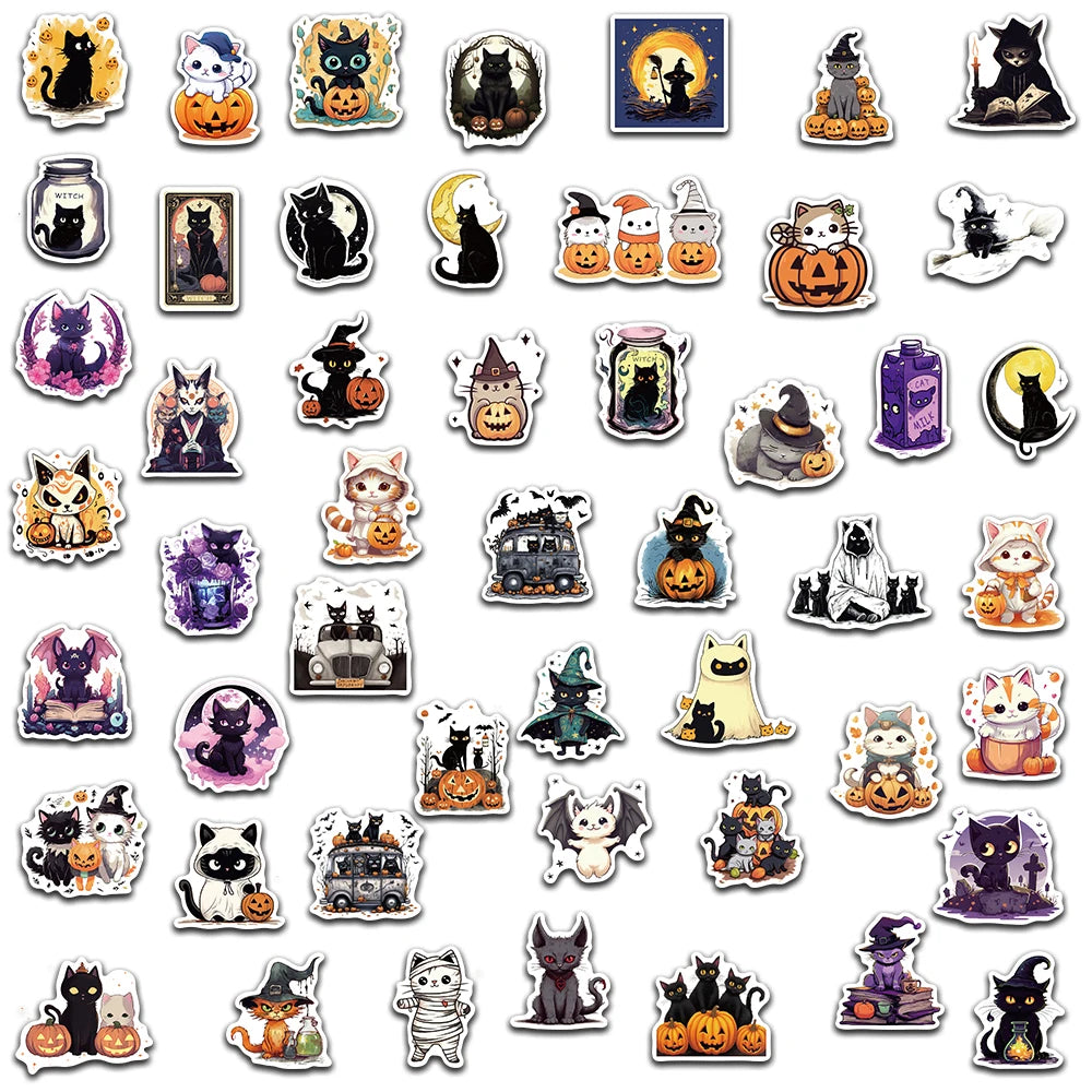 Halloween Cat Stickers Pack (50pcs) — Waterproof Vinyl Decals