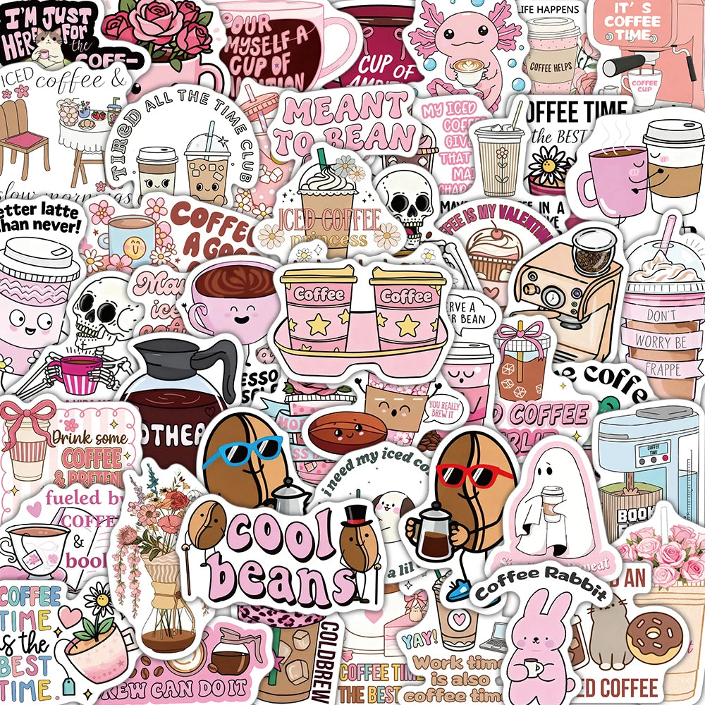 Fun Pink Coffee Art Sticker Pack (50pcs) — I Love Coffee Decals for Water Bottles, Laptops & More