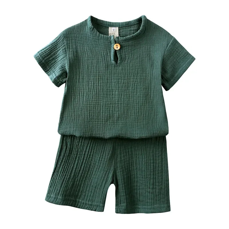 Kids Cotton Linen Outfit Set – Short Sleeve Top & Shorts, Ages 2–7