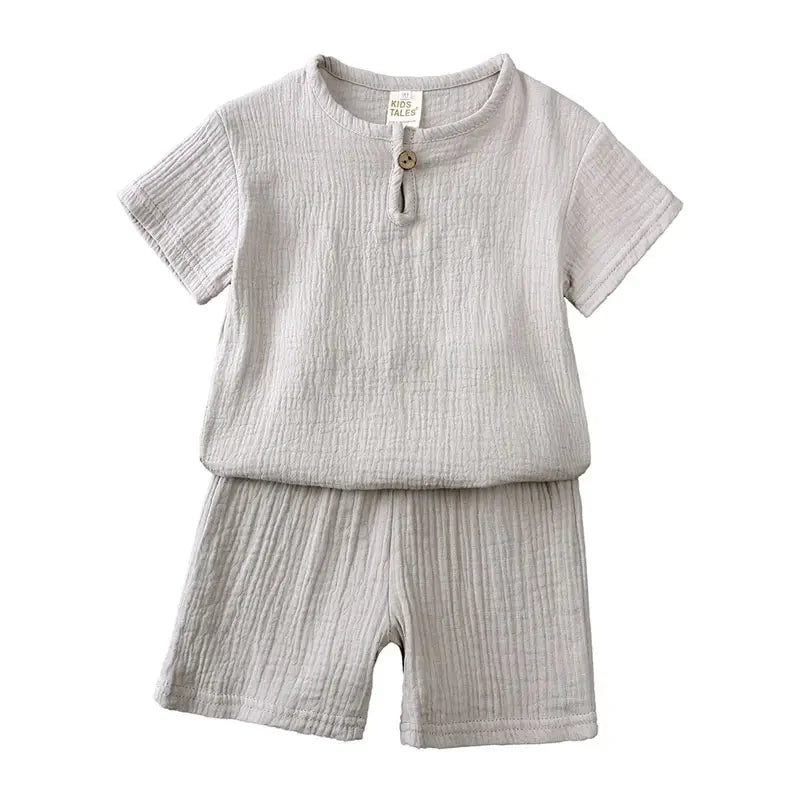 Kids Cotton Linen Outfit Set – Short Sleeve Top & Shorts, Ages 2–7