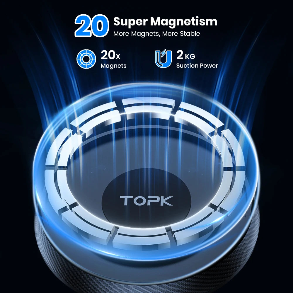TOPK Magnetic Car Phone Mount – MagSafe Compatible, 20 Magnets, Metal Hook Vent Clip, One-Hand Operation