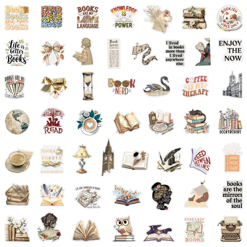 Retro Reading Sticker Pack – 50pcs Bookish Decals for Laptops, Journals & More