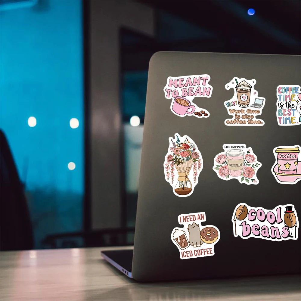 Fun Pink Coffee Art Sticker Pack (50pcs) — I Love Coffee Decals for Water Bottles, Laptops & More
