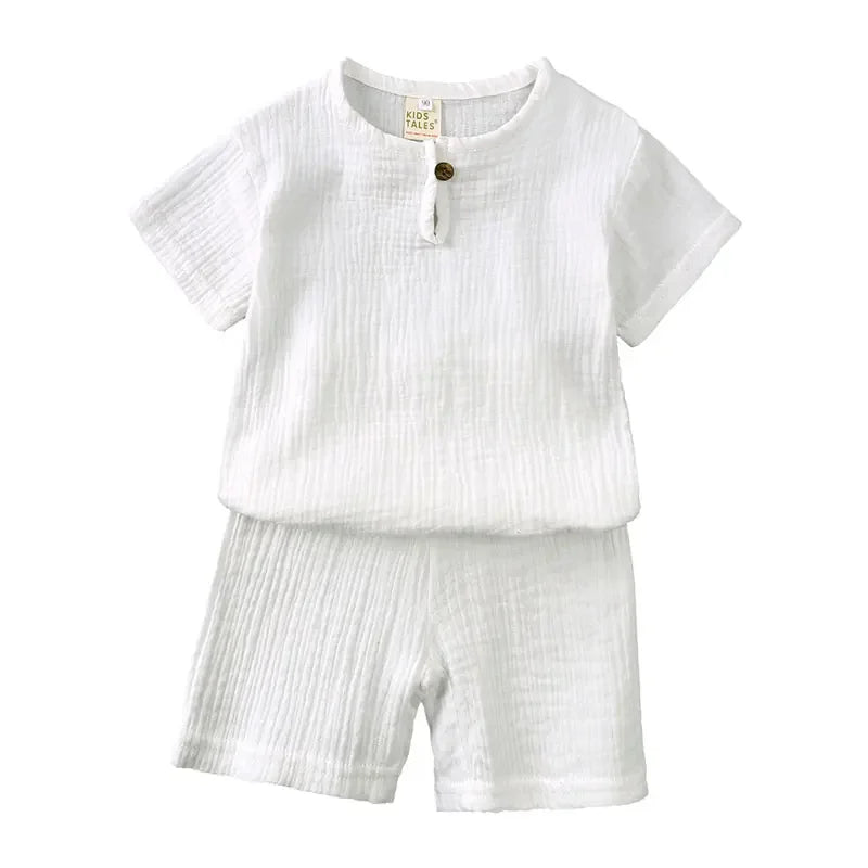 Kids Cotton Linen Outfit Set – Short Sleeve Top & Shorts, Ages 2–7