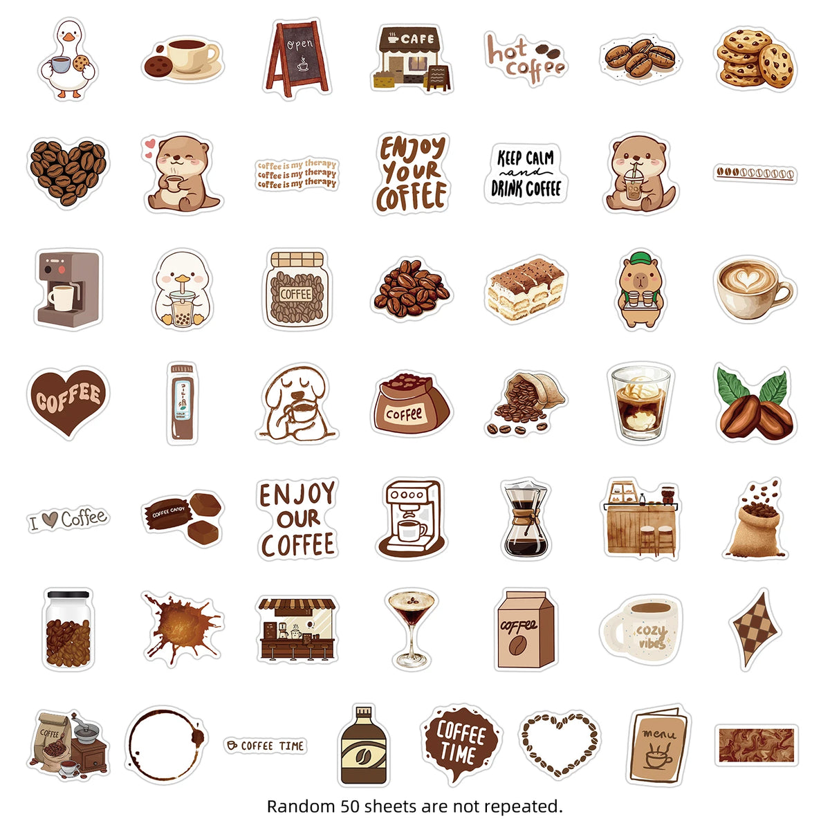 Kawaii Coffee Shop Sticker Pack – 10/30/50pcs Cute Latte & Coffee Bean Decals