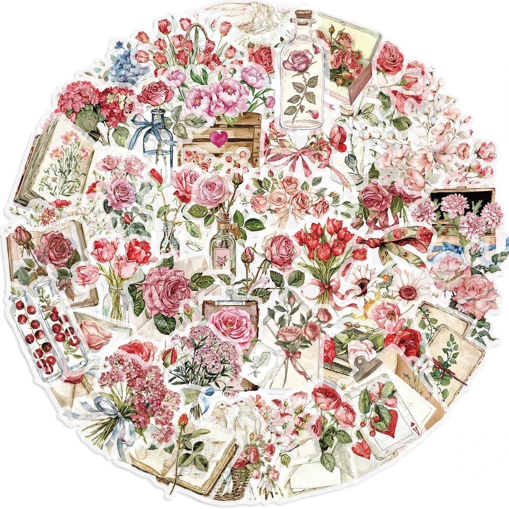Floral Sticker Pack (50pcs) — Aesthetic Waterproof Flower & Nature Decals for Journals & Water Bottles