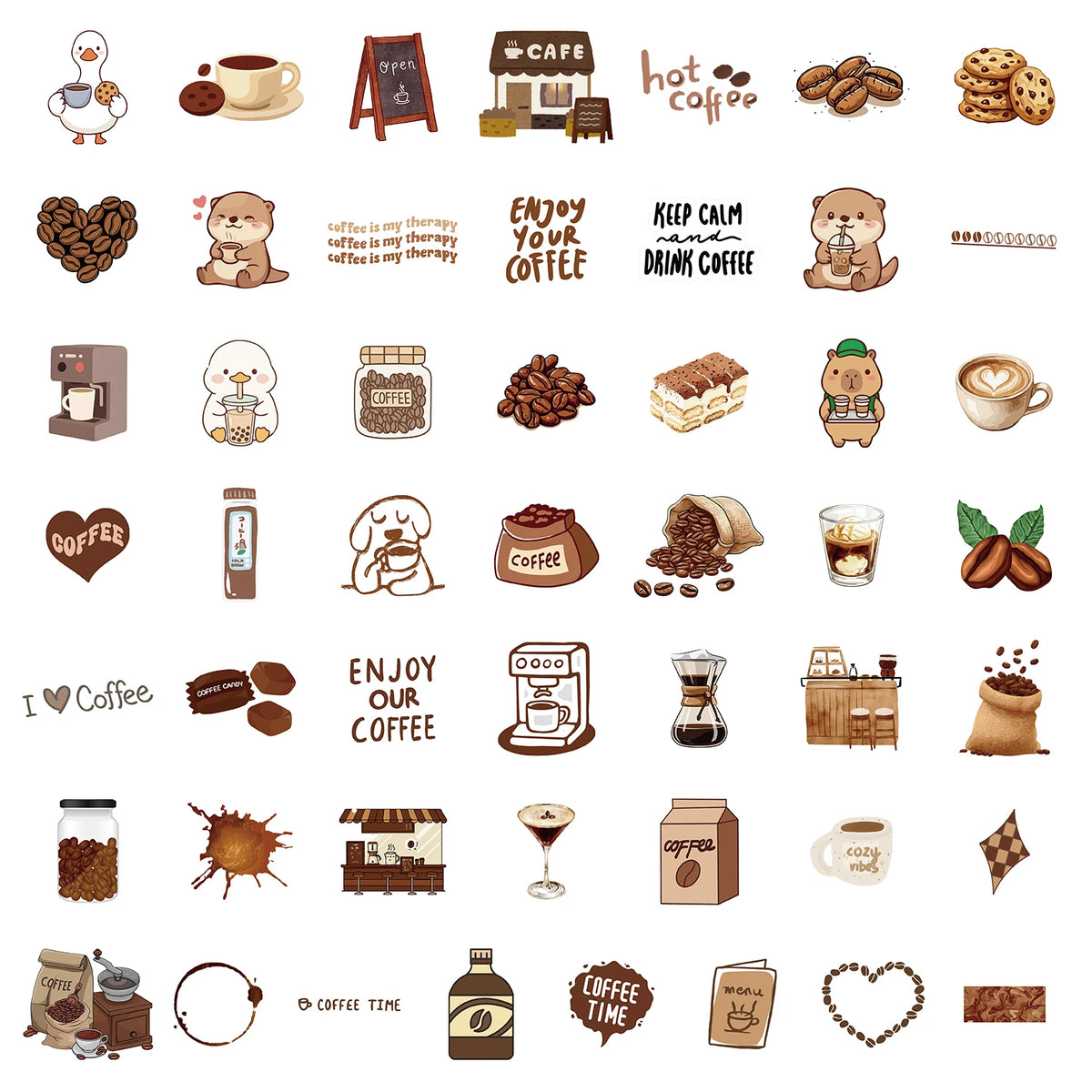 Kawaii Coffee Shop Sticker Pack – 10/30/50pcs Cute Latte & Coffee Bean Decals