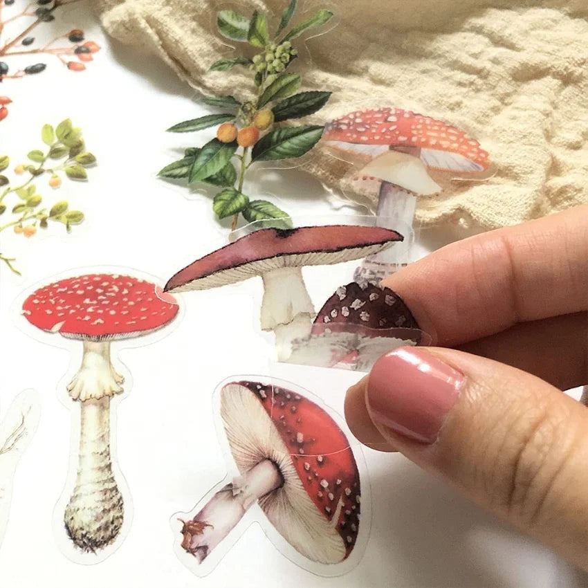 Mushroom & Plant Sticker Set (80pcs) — Vintage Nature PET Transparent Die-Cut Decals for Journaling & Scrapbooking
