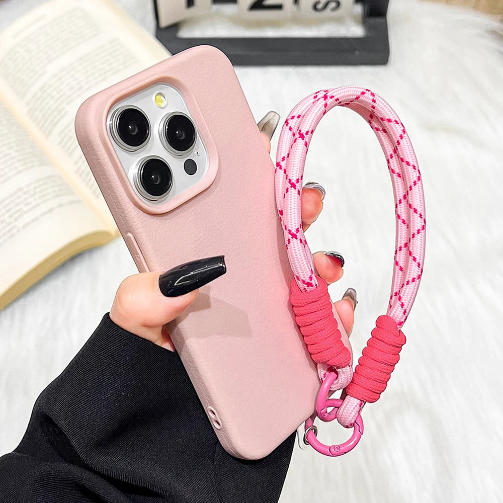 Silicone iPhone Case with Lanyard Strap – Candy Colors, Lichee Pattern, Shockproof Cover for iPhone 11–17