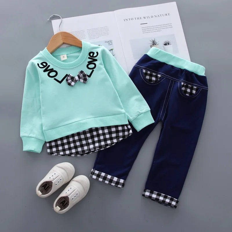 Girls' Bow Plaid Long Sleeve Top & Pants Set – 2-Piece Toddler Outfit