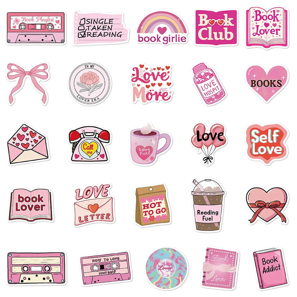 Pink Bookish Lover Sticker Pack – 50pcs Vinyl Decals for Notebooks & Luggage