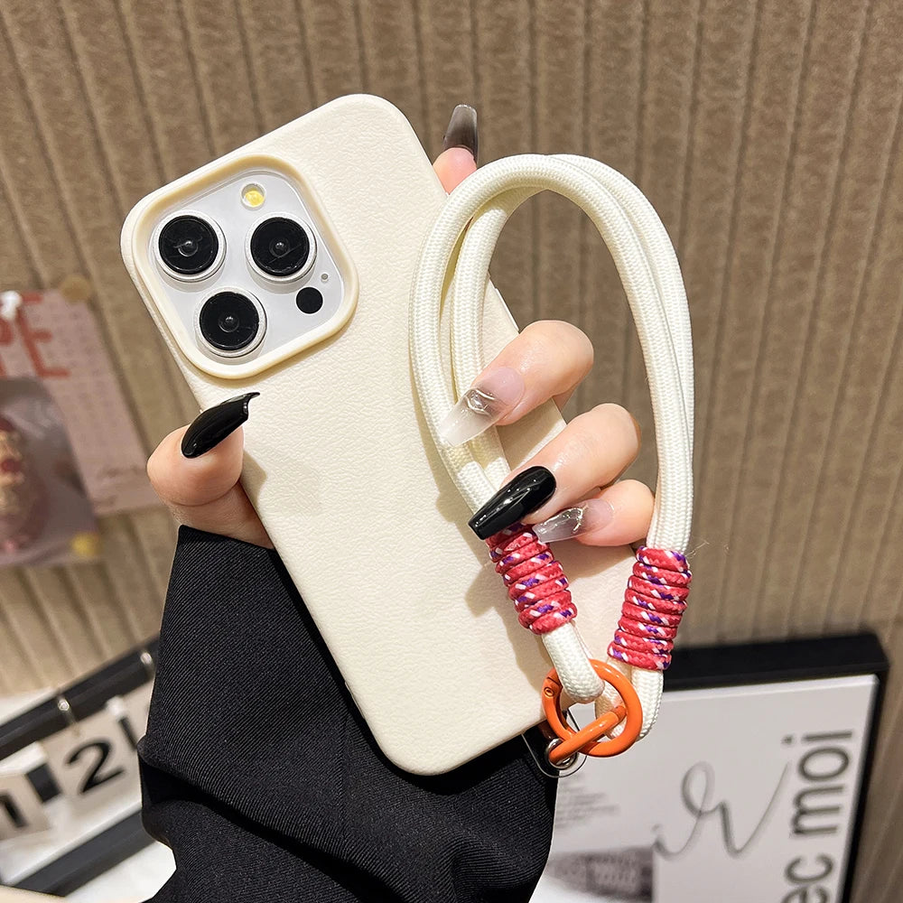 Silicone iPhone Case with Lanyard Strap – Candy Colors, Lichee Pattern, Shockproof Cover for iPhone 11–17