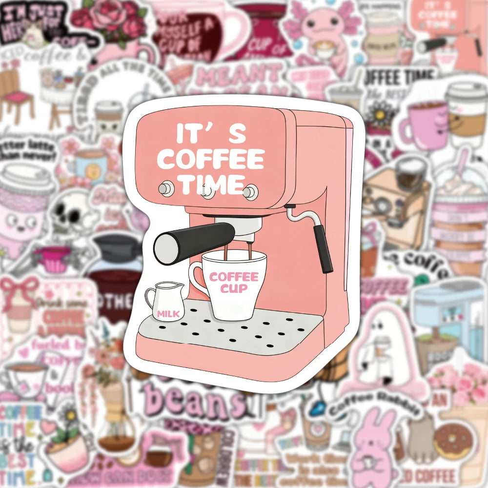Fun Pink Coffee Art Sticker Pack (50pcs) — I Love Coffee Decals for Water Bottles, Laptops & More