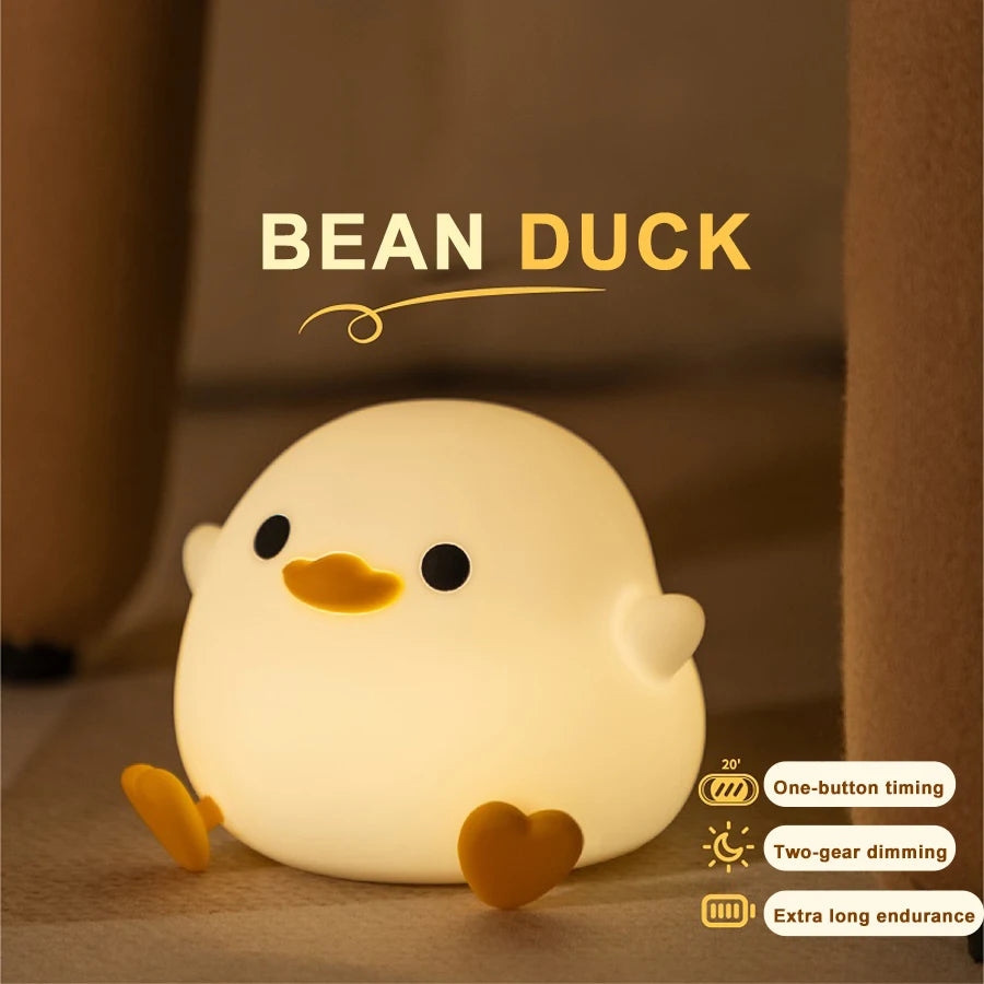 Cute Duck LED Night Light for Kids – Touch Dimming, USB Rechargeable Silicone Cartoon Lamp