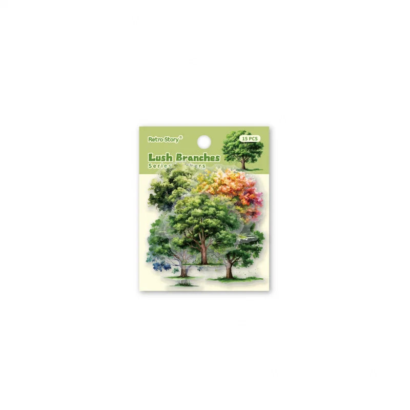 Forest Tree Sticker Sheets — 15 Sheets of Green Plant & Tree Illustrations for Journals & Scrapbooks